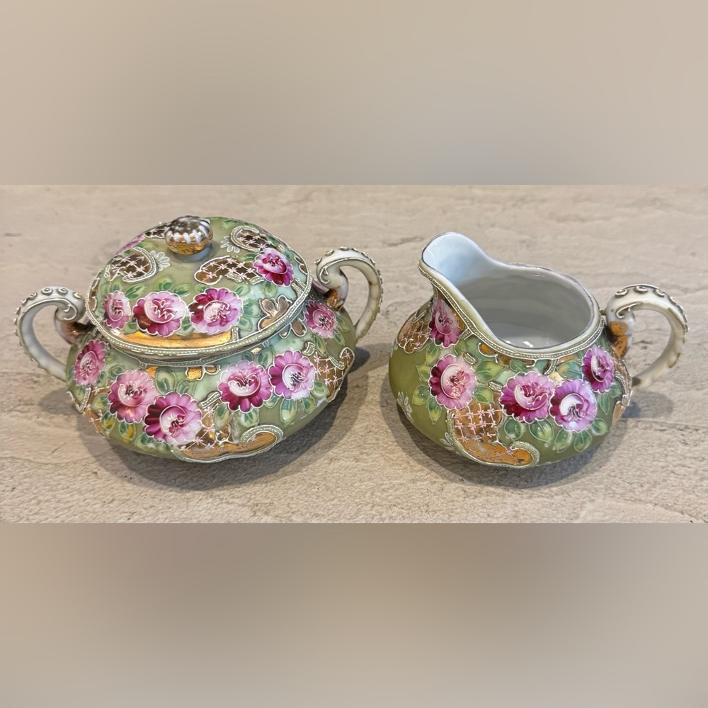 VINTAGE PORCELAIN FANCY SUGAR BOWL CREAMER SET MORIAGE ROSES GREEN PURPLE GOLD